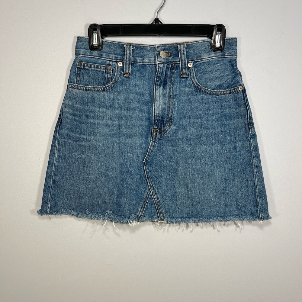 Madewell Skirt Womens 24 Blue Rigid Denim Jean A-Line Pockets Fray Casual
